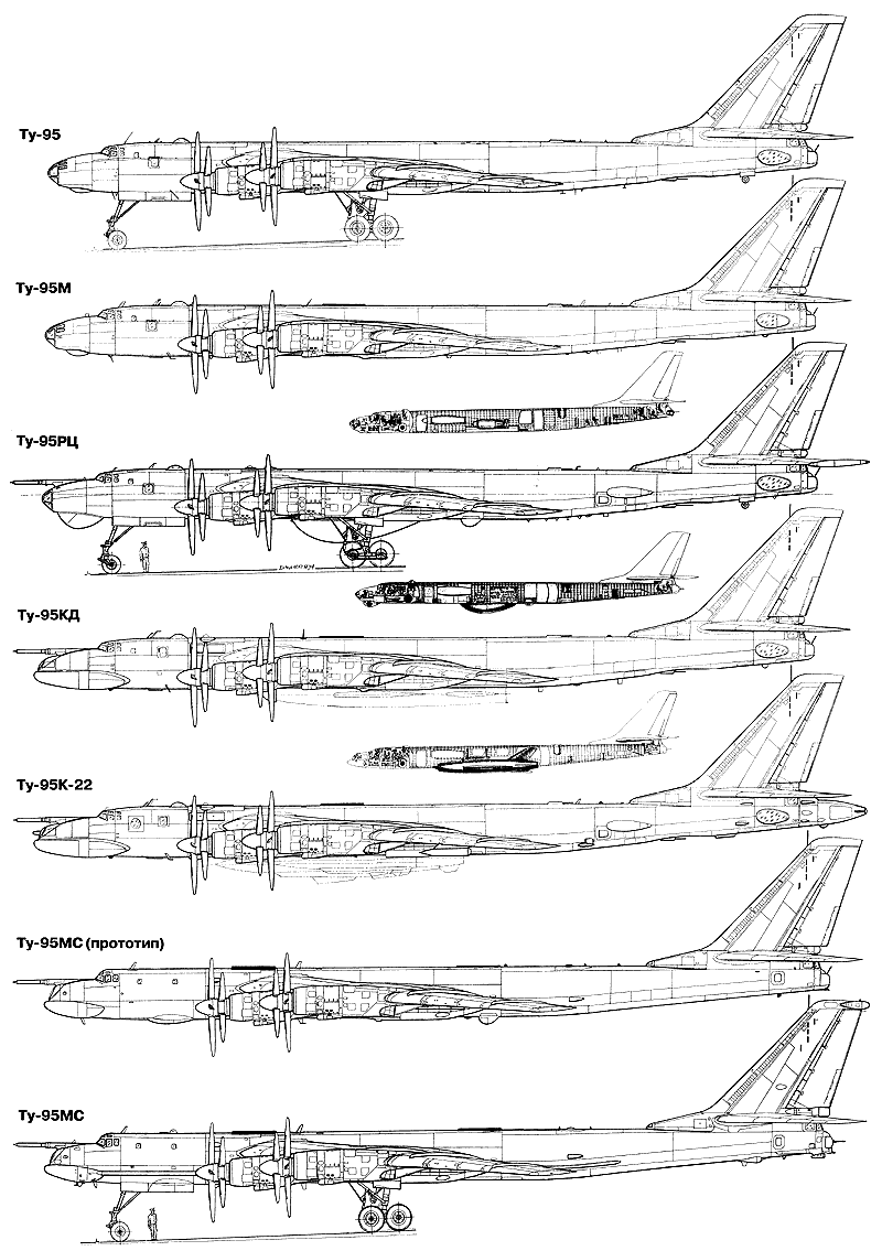 图-95(Tu-95) 战略轰炸机 不同型号侧视图对比